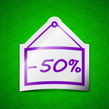 50 discount icon sign. Symbol chic colored sticky label on green background. illustration