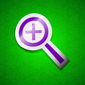 Magnifier glass, Zoom tool icon sign. Symbol chic colored sticky label on green background. illustration