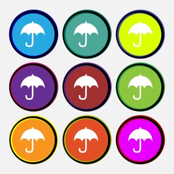 Umbrella icon sign. Nine multi-colored round buttons. illustration