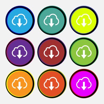 Download from cloud icon sign. Nine multi-colored round buttons. illustration