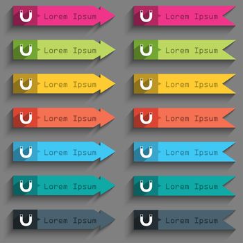 magnet sign icon. horseshoe it symbol. Repair sign. Set of colored buttons illustration