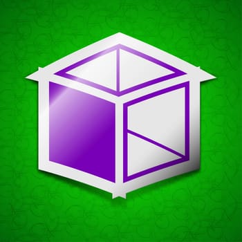 3d cube icon sign. Symbol chic colored sticky label on green background. illustration