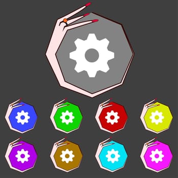 Cog settings sign icon. Cogwheel gear mechanism symbol. Set colourful buttons. illustration