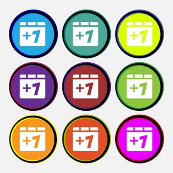 Plus one, Add one icon sign. Nine multi-colored round buttons. illustration