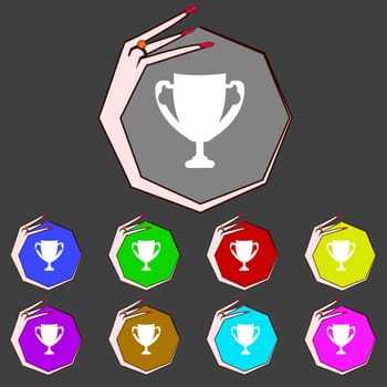 Winner cup sign icon. Awarding of winners symbol. Trophy. Set colourful buttons illustration