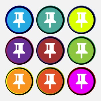 Map pointer, GPS location icon sign. Nine multi-colored round buttons. illustration