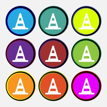 road cone icon sign. Nine multi-colored round buttons. illustration