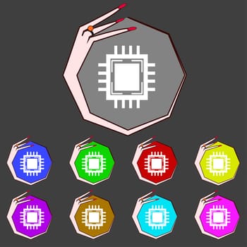 Central Processing Unit Icon. Technology scheme circle symbol. Set colourful buttons. illustration