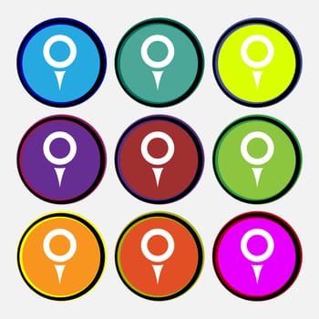 Map pointer, GPS location icon sign. Nine multi-colored round buttons. illustration