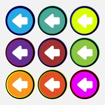 Arrow left, Way out icon sign. Nine multi-colored round buttons. illustration