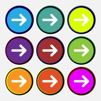 Arrow right, Next icon sign. Nine multi-colored round buttons. illustration