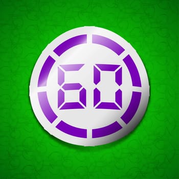 60 second stopwatch icon sign. Symbol chic colored sticky label on green background. illustration