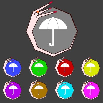 Umbrella sign icon. Rain protection symbol. Set colourful buttons. illustration