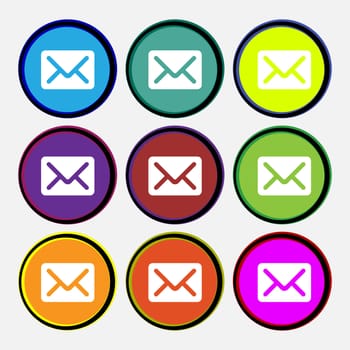 Mail, envelope, letter icon sign. Nine multi colored round buttons. illustration