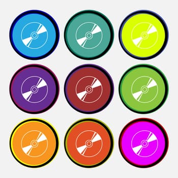 Cd, DVD, compact disk, blue ray icon sign. Nine multi colored round buttons. illustration