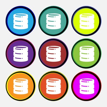 hard drive date base icon sign. Nine multi colored round buttons. illustration