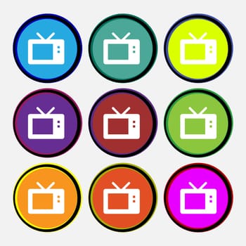 Retro TV mode icon sign. Nine multi-colored round buttons. illustration