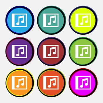 Audio, MP3 file icon sign. Nine multi-colored round buttons. illustration