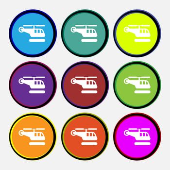helicopter icon sign. Nine multi colored round buttons. illustration