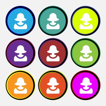female silhouette icon sign. Nine multi colored round buttons. illustration