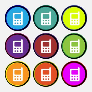 mobile phone icon sign. Nine multi colored round buttons. illustration