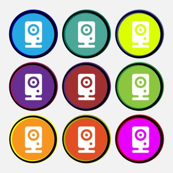 Web cam icon sign. Nine multi colored round buttons. illustration
