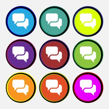 Speech bubble, Think cloud icon sign. Nine multi-colored round buttons. illustration