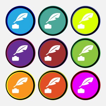 Feather, Retro pen icon sign. Nine multi-colored round buttons. illustration