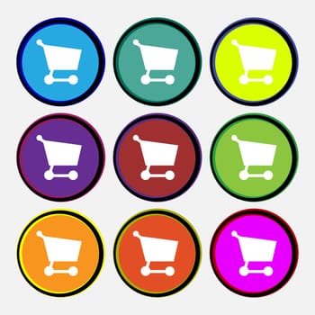 Shopping basket icon sign. Nine multi-colored round buttons. illustration