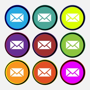 Mail, Envelope, Message icon sign. Nine multi-colored round buttons. illustration