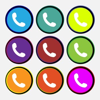 Phone, Support, Call center icon sign. Nine multi-colored round buttons. illustration