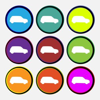 Jeep icon sign. Nine multi colored round buttons. illustration