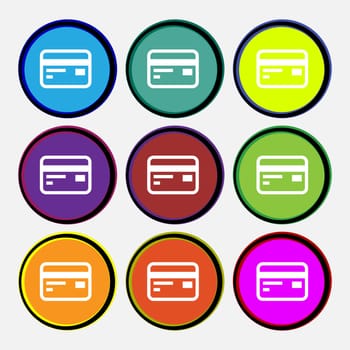 Credit, debit card icon sign. Nine multi-colored round buttons. illustration