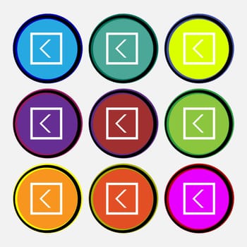 Arrow left, Way out icon sign. Nine multi-colored round buttons. illustration