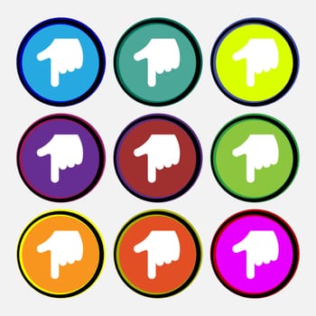 pointing hand icon sign. Nine multi-colored round buttons. illustration