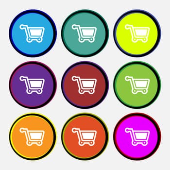 shopping cart icon sign. Nine multi colored round buttons. illustration