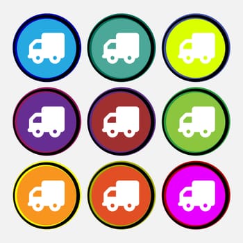 Delivery truck icon sign. Nine multi-colored round buttons. illustration