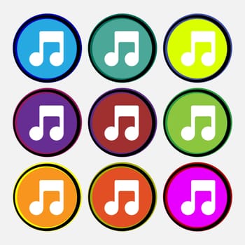 Music note icon sign. Nine multi-colored round buttons. illustration