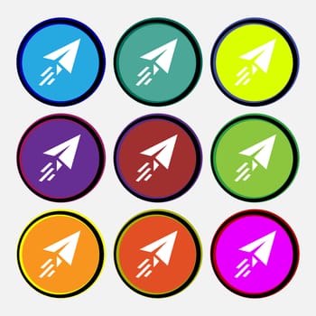 Paper airplane icon sign. Nine multi colored round buttons. illustration