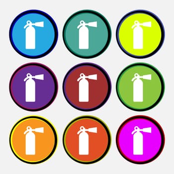 fire extinguisher icon sign. Nine multi colored round buttons. illustration