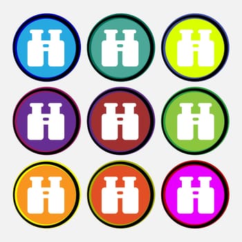 Binocular, Search, Find information icon sign. Nine multi-colored round buttons. illustration