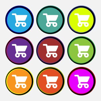 shopping basket icon sign. Nine multi colored round buttons. illustration