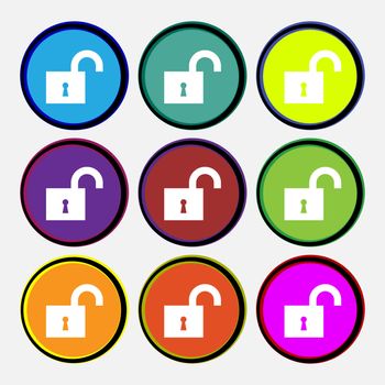 open lock icon sign. Nine multi colored round buttons. illustration