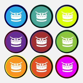 drum icon sign. Nine multi colored round buttons. illustration
