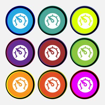 speed, speedometer icon sign. Nine multi colored round buttons. illustration
