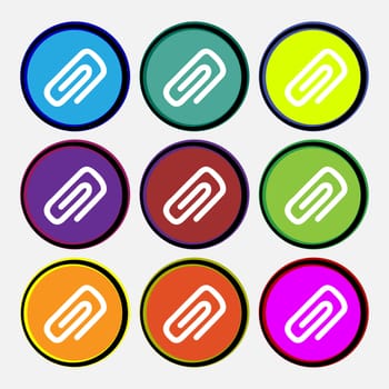 clip to paper icon sign. Nine multi colored round buttons. illustration