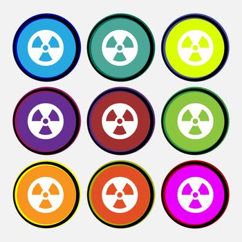 radiation icon sign. Nine multi colored round buttons. illustration