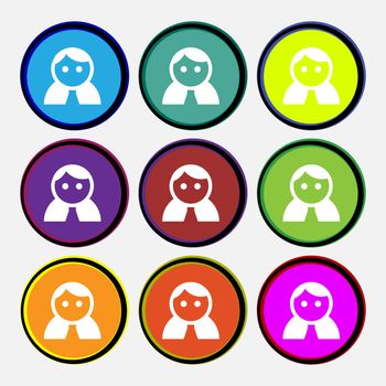 Female, Woman human, Women toilet, User, Login icon sign. Nine multi-colored round buttons. illustration