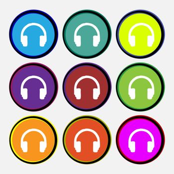 headsets icon sign. Nine multi colored round buttons. illustration