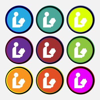 read a book icon sign. Nine multi colored round buttons. illustration